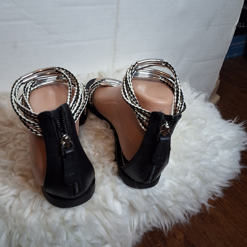 Tory Burch Braided Rope Metal Flat Sandals Black White Ankle Strap 6 - Picture 8 of 12